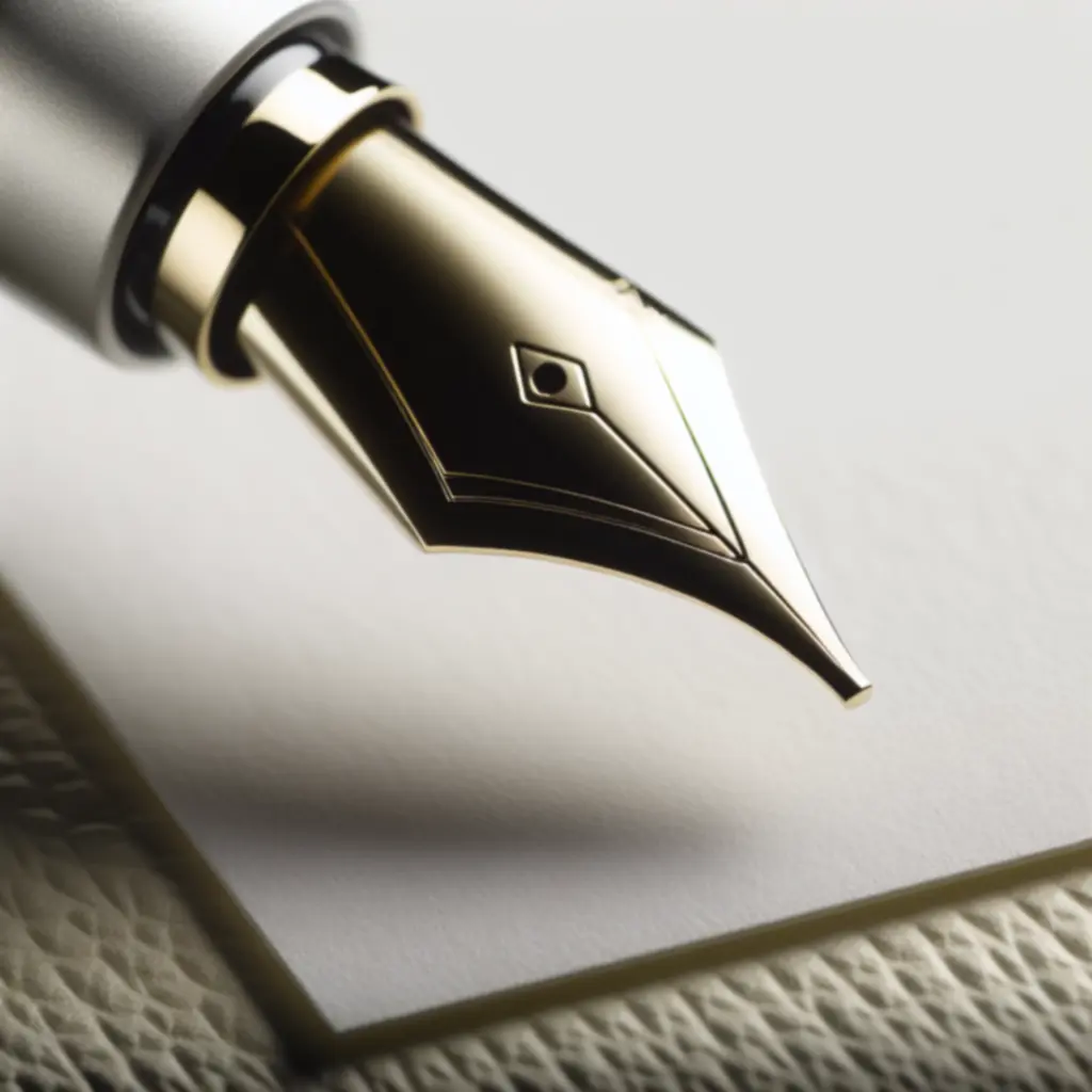 Zbliżenie na stalówkę pióra na tle papieru premium