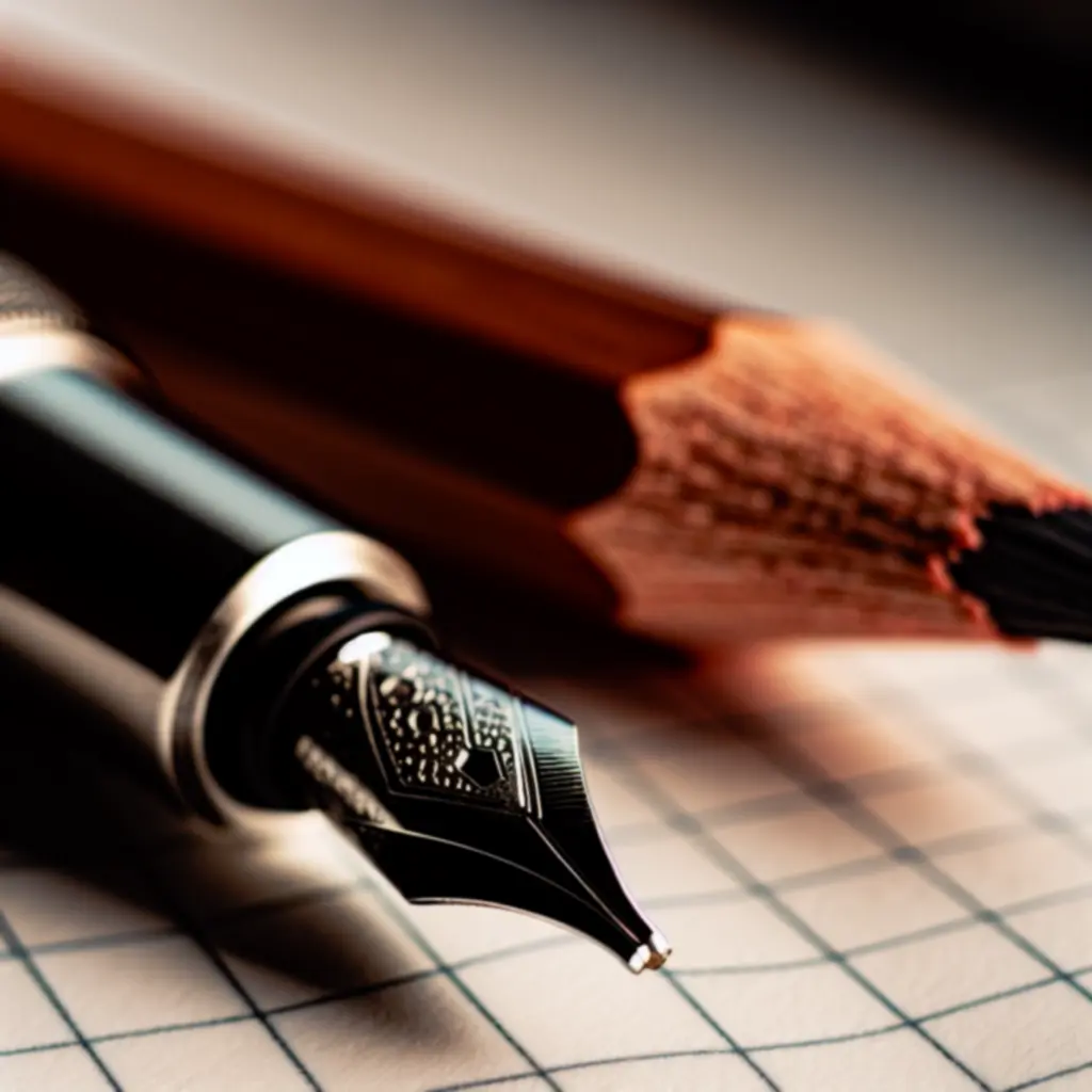 Zbliżenie pióra i ołówka na papierze w kratkę