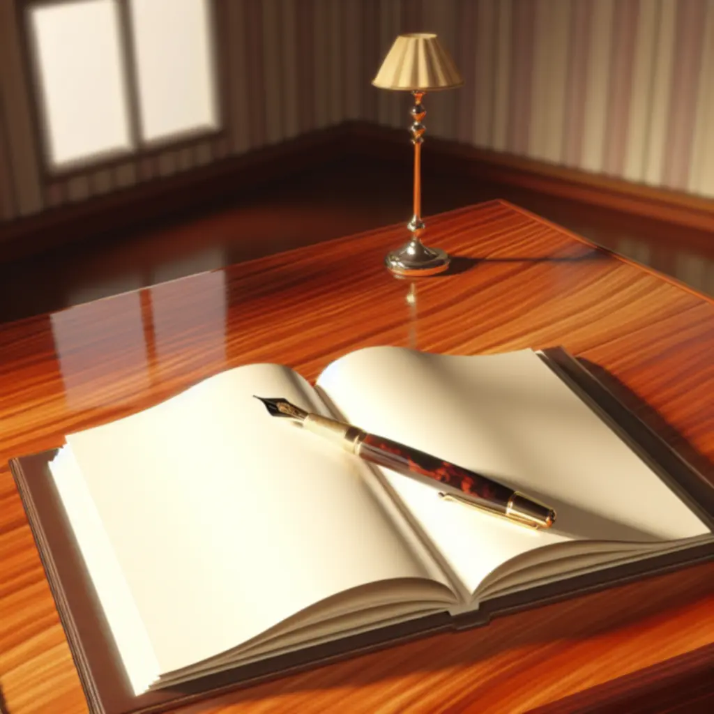 Notatnik z otwartą stroną i piórem gotowym do pisania