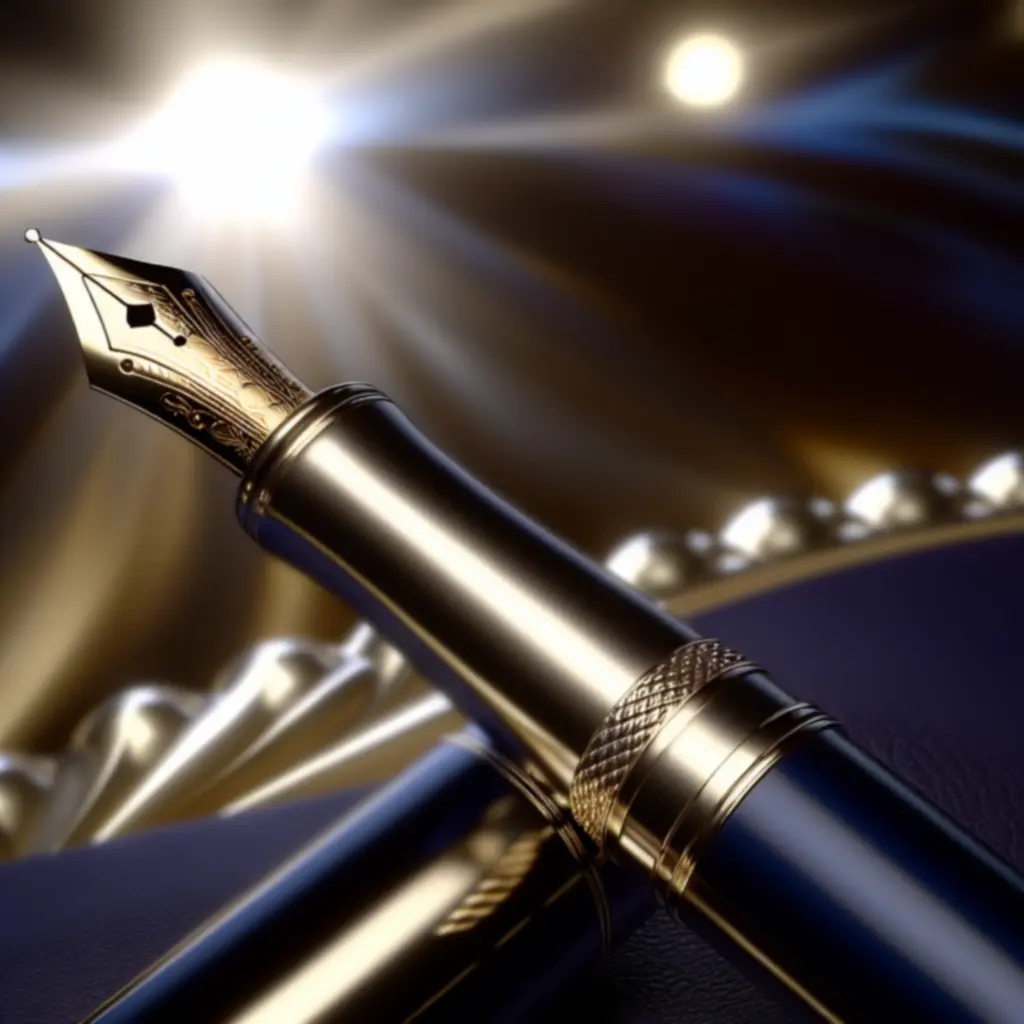 Zbliżenie eleganckiego pióra wiecznego na tle w odcieniach granatu i złota