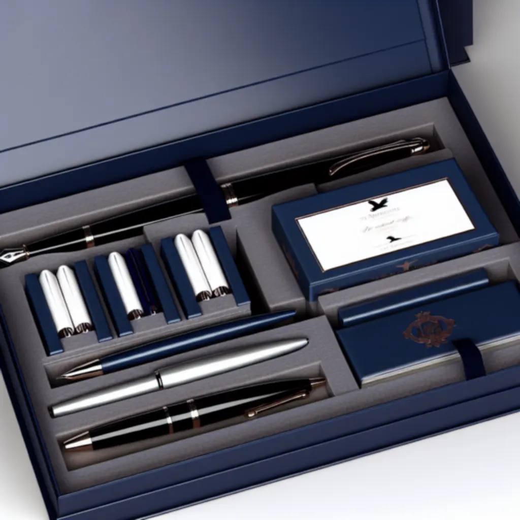 Zestaw papeterii w granatowym pudełku: pióro, ołówek i wkłady